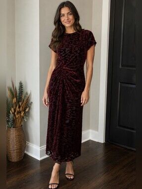 Limited Edition Zara Velvet & Mulberry Silk Midi Dress Burgundy & Black Small